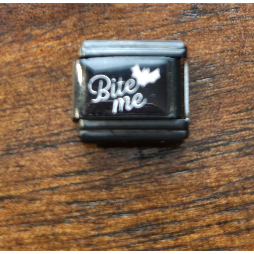 Bite Me Bat Italian Charm Link Black Stainless Steel Gothic Vampire 9mm Jewelry